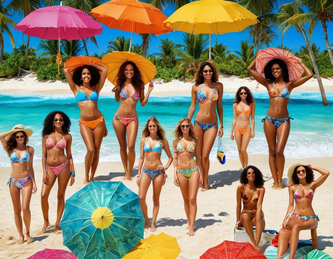 A sun-kissed beach scene featuring a diverse group of women showcasing the latest Brazilian bikini styles, vibrant tropical colors, and playful beach accessories. The background should include bright umbrellas, palm trees, and crystal clear waves, creating an inviting summer atmosphere. Highlight the unique designs of the bikinis with intricate patterns and textures. The overall mood should be cheerful and lively. super-realistic. vibrant colors. beach setting.